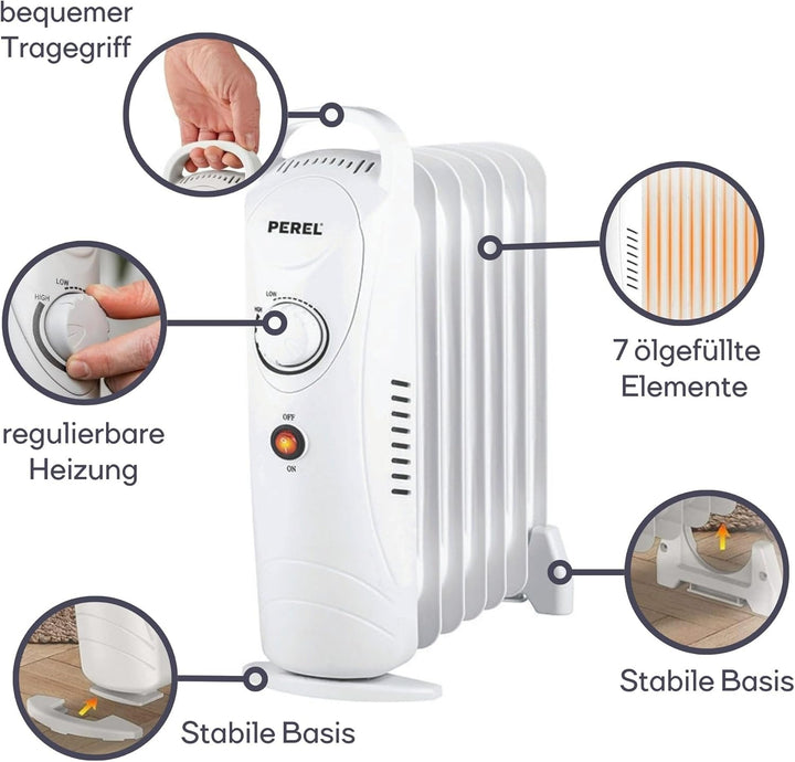 Perel Ölradiator 700 W, 7 Rippen, Elektroheizung, tragbarer Heizlüfter, elektrischer Raumheizer, Zus