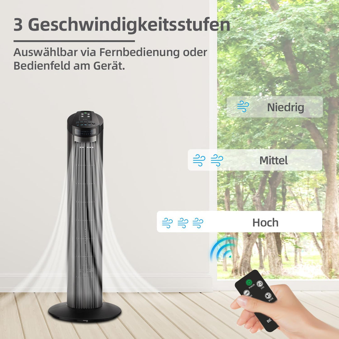 Be Cool Turmventilator 74,5cm mit Fernbedienung BC29TFRC – 74,5 cm, 50 Watt, 3 Windmodi, 7,5 Std. Ti
