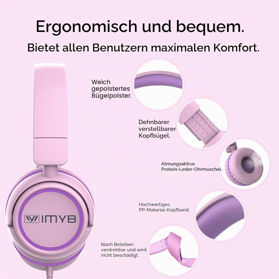 IMYB Kinder kopfhörer, Kopfhörer für Kinder mit Kabel, faltbar, Stereo Sound, Sichere Lautstärkebegr