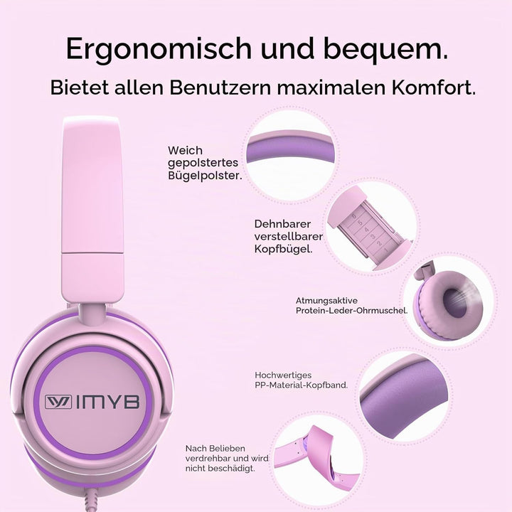 IMYB Kinder kopfhörer, Kopfhörer für Kinder mit Kabel, faltbar, Stereo Sound, Sichere Lautstärkebegr