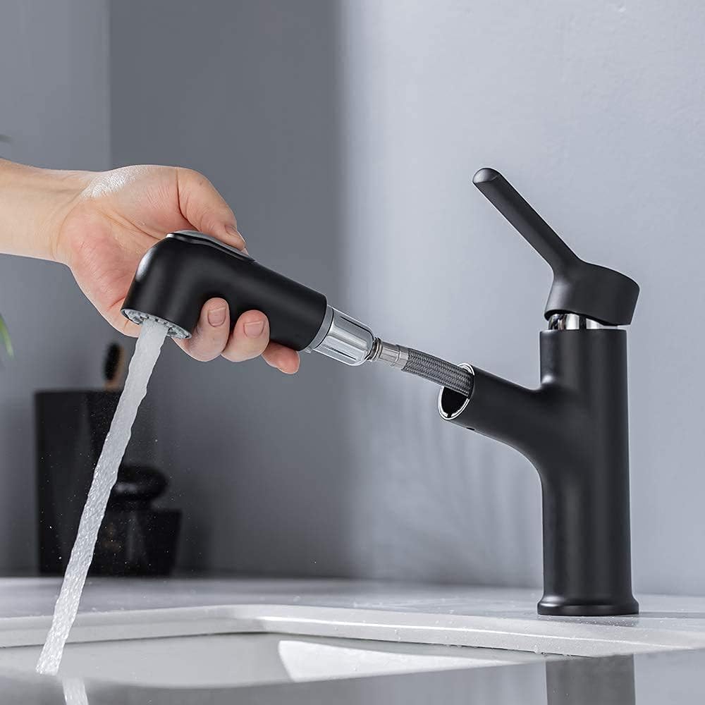 ONECE Wasserhahn Bad Schwarz mit ausziehbar Brause, Waschtischarmatur aus Messing Badarmatur Einhebe
