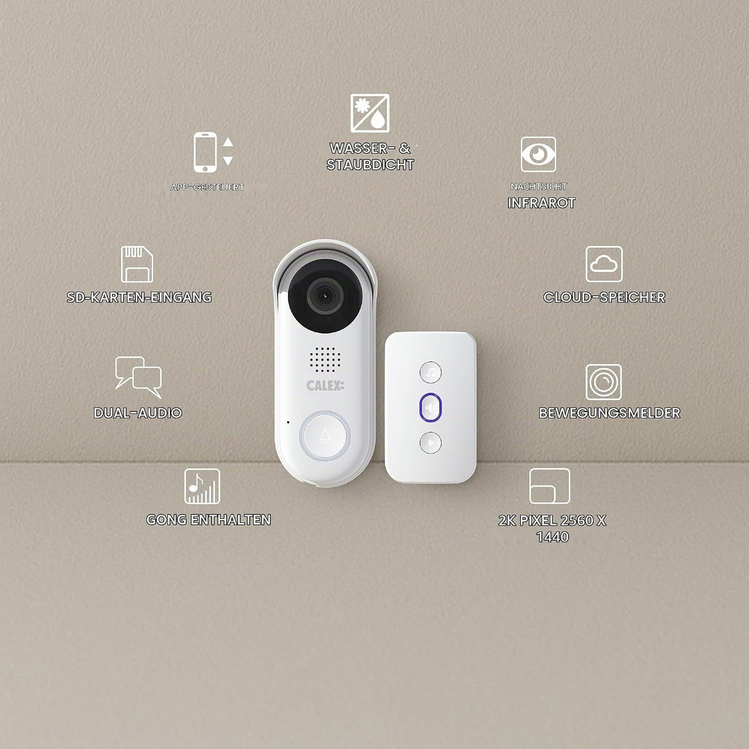 CALEX Smart Security Video-Türklingel, 2K Kamera mit App-Steuerung, Nachtsicht, 2-Wege-Audio, Bewegu