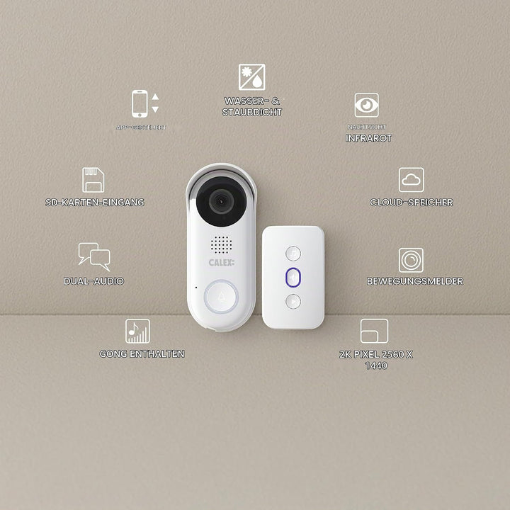 CALEX Smart Security Video-Türklingel, 2K Kamera mit App-Steuerung, Nachtsicht, 2-Wege-Audio, Bewegu