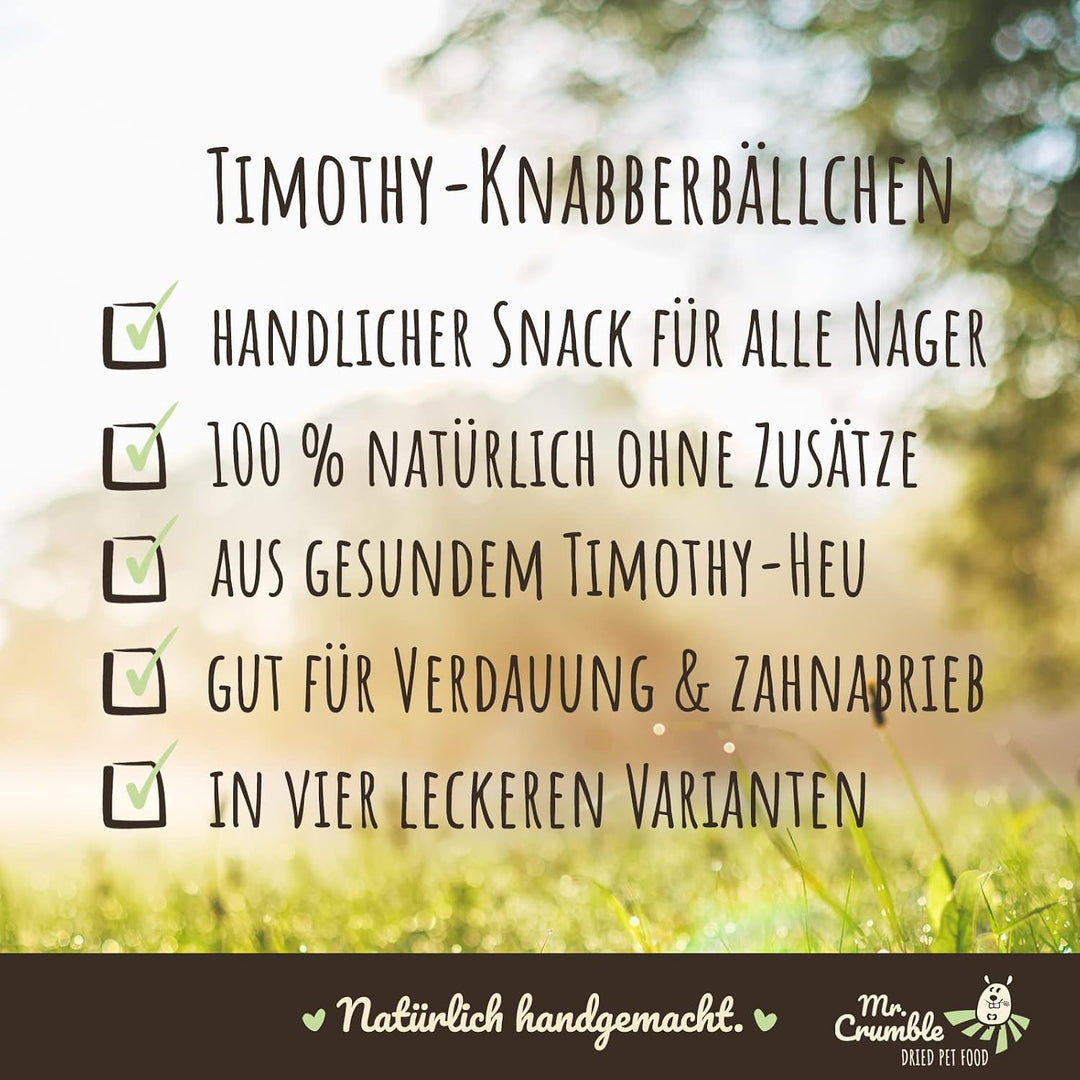 Mr. Crumble Dried Pet Food Knabberbällchen aus Timothy-Heu getreidefrei 6er-Set, Strukturfutter Leck