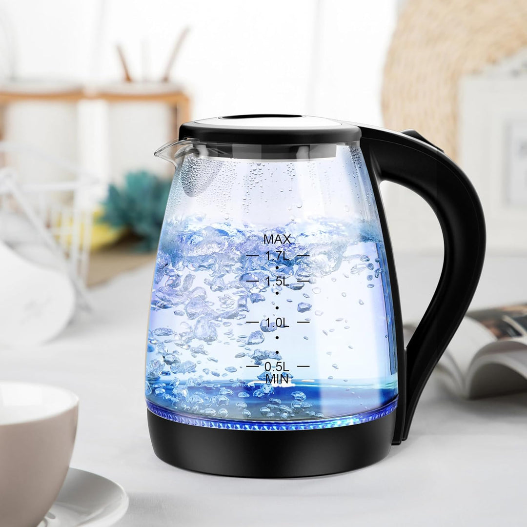 KEINVE Wasserkocher Glas 1,7 Liter, 2200 Watt, LED-Beleuchtung, Verdicktes Borosilikatglas Wasserkoc