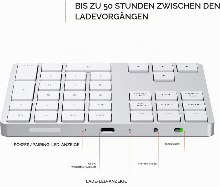 Satechi Bluetooth Extended Numeric Keypad – Schlanker wiederaufladbarer 34-Tasten-Nummernblock – Kom