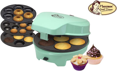 Bestron 3-in-1 Cakemaker im Retro Design, mit 3 auswechselbaren Backplatten, Donut-, Cupcake- und Ca