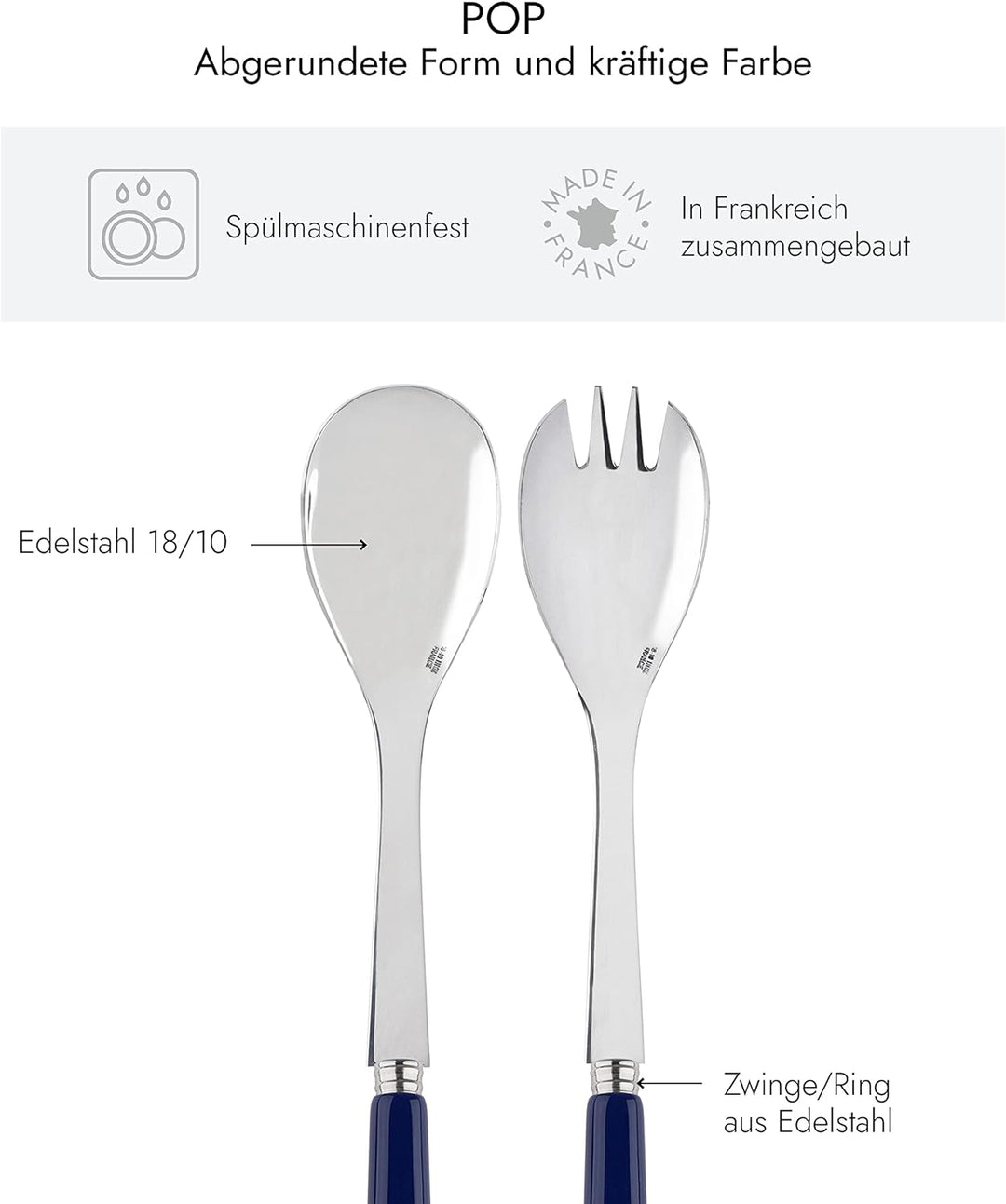 SABRE PARIS - Salatbesteck, 2-teilig 26 cm - Pop - Edelstahl &amp; Acryl - Spülmaschinenfest - Marinebla