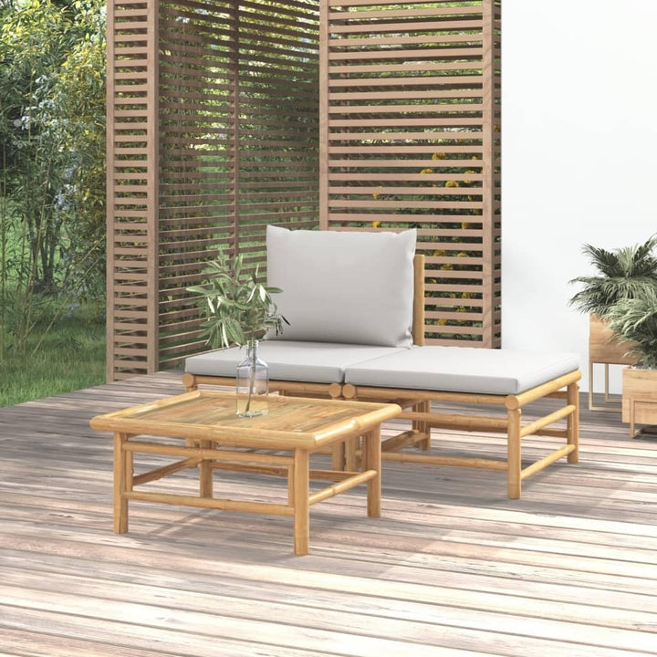 vidaXL 3-TLG. Garten-Lounge-Set mit Hellgrauen Kissen Bambus Mittelteil + Fussstütze + Tisch Hellgra