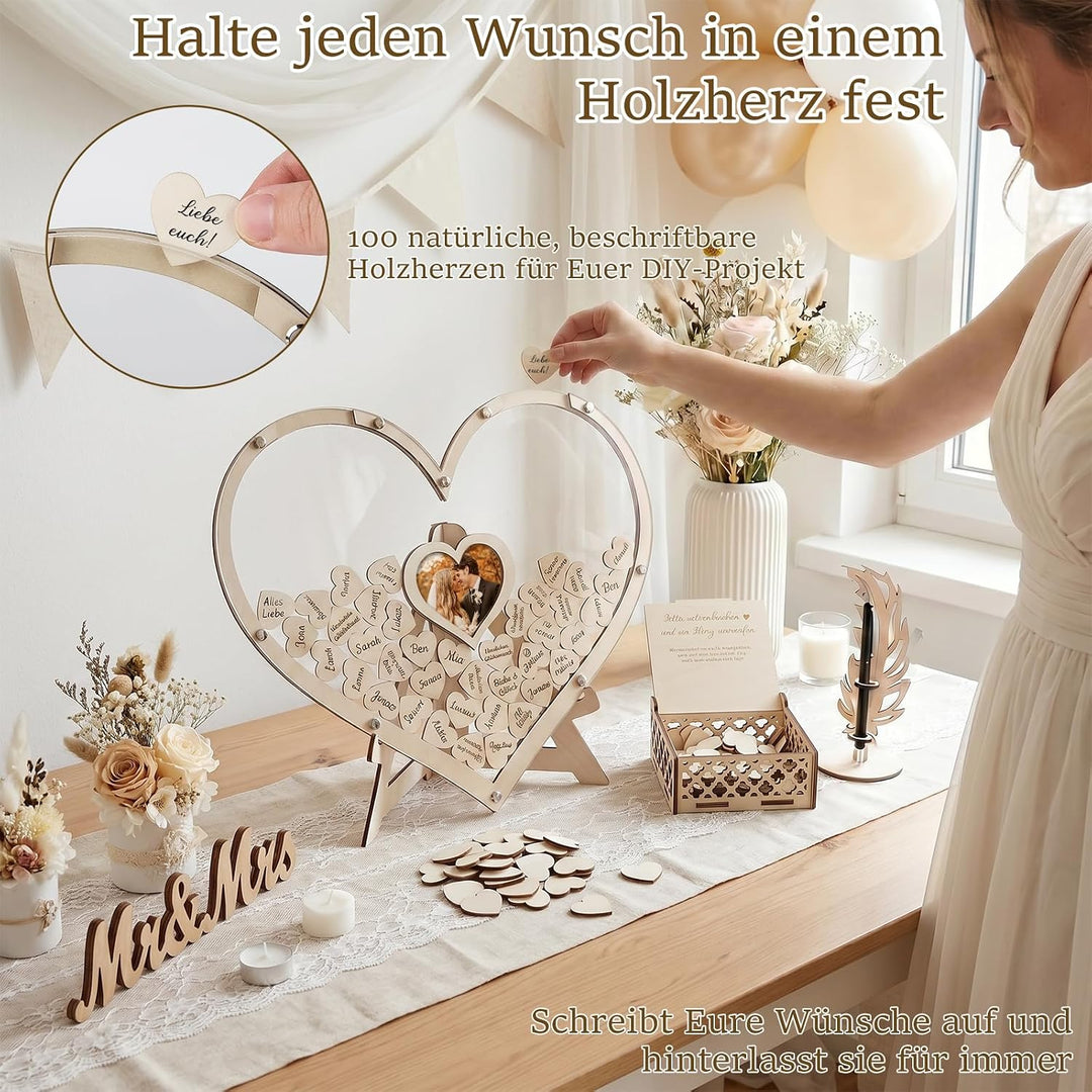 Gästebuch Hochzeit Holz, Herzform Hochzeitsgästebuch mit 100 Holzherzen, Fotorahmen &amp; Aufbewahrungsb