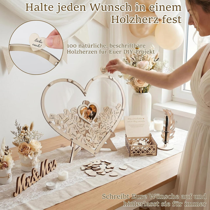 Gästebuch Hochzeit Holz, Herzform Hochzeitsgästebuch mit 100 Holzherzen, Fotorahmen &amp; Aufbewahrungsb
