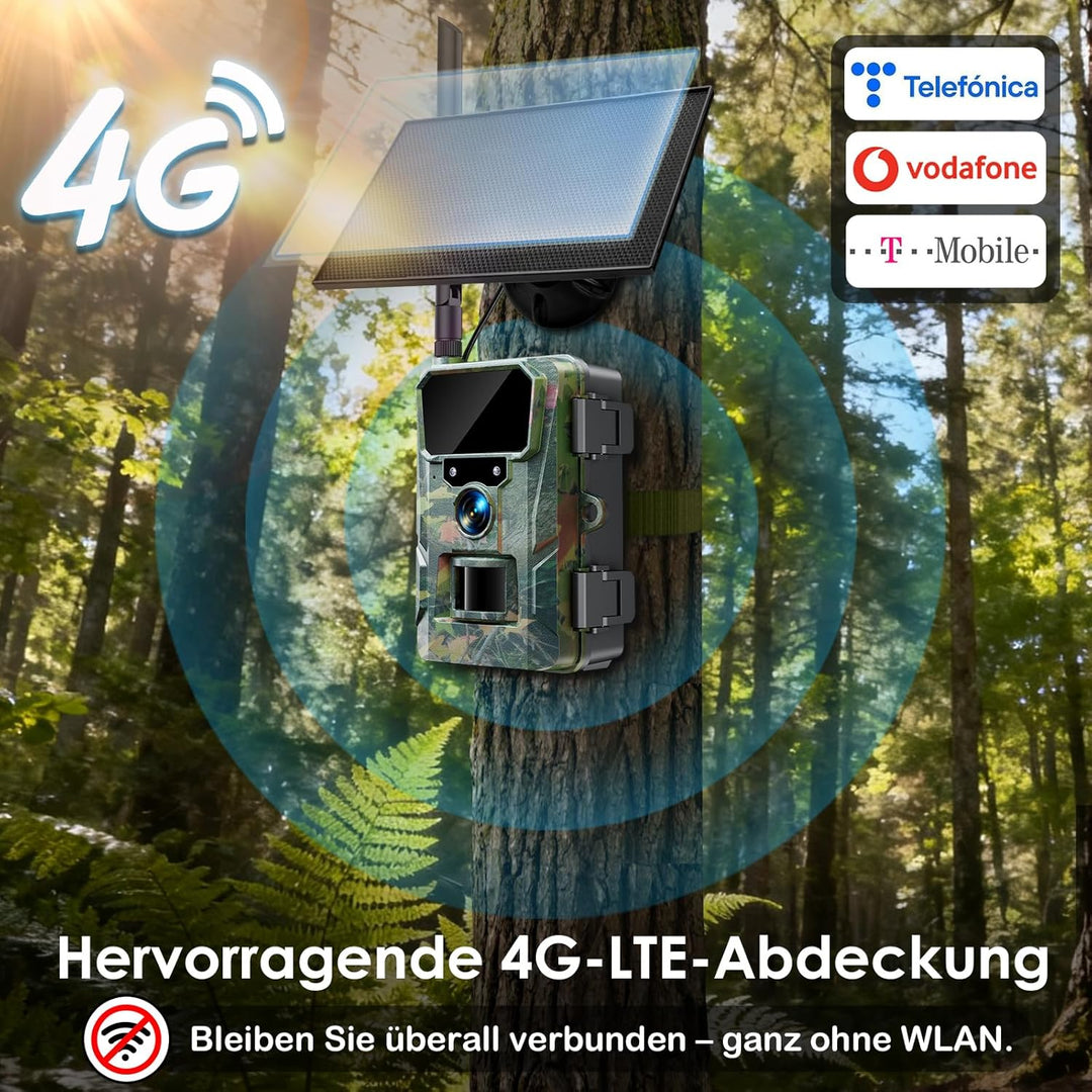 WOLFANG 4G/LTE Wildkamera Solar, 2K 48MP Live Übertragung Wildkamera mit Handyübertragung App, 5200H