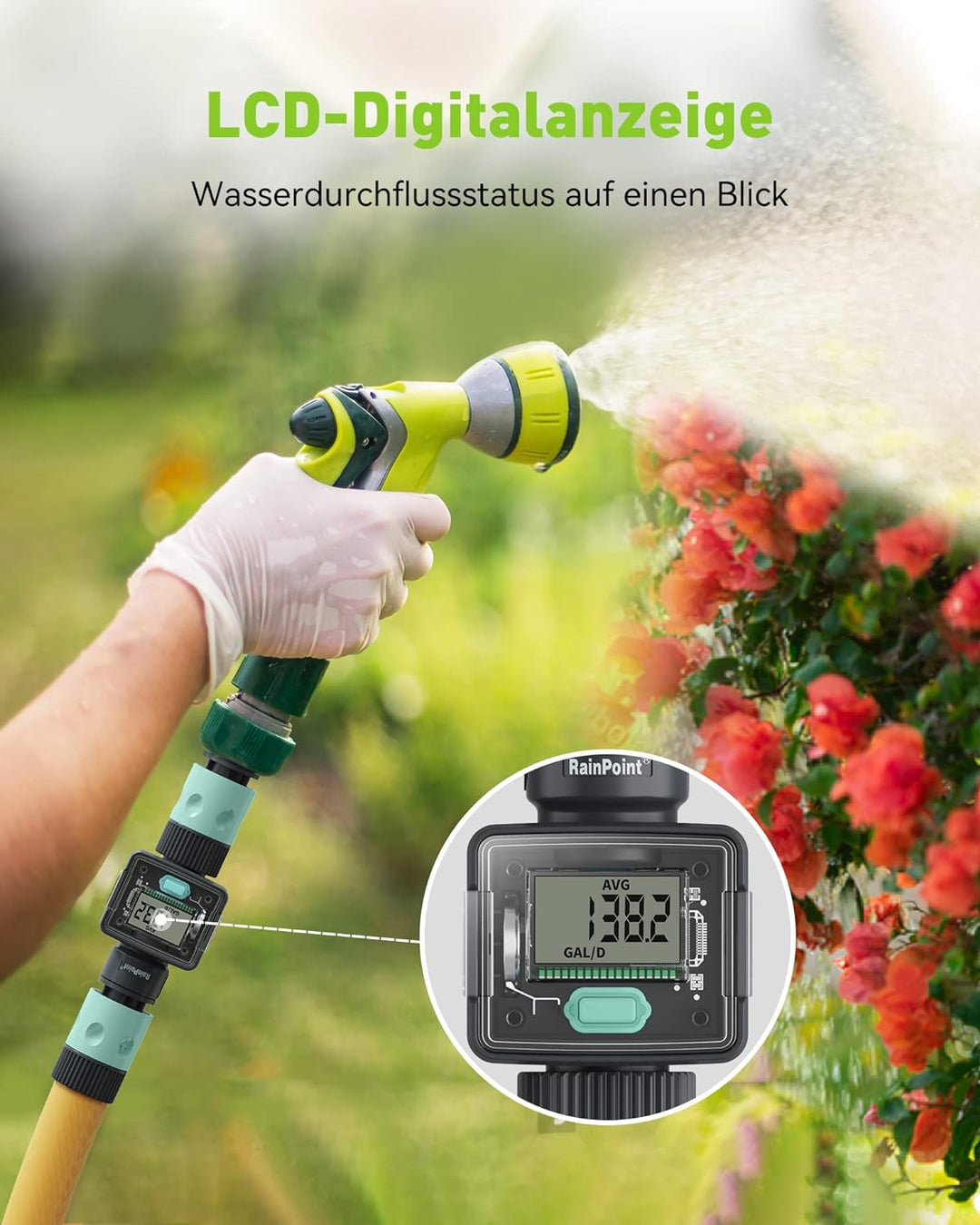 RAINPOINT Wasserzähler, Praktischer Wasseruhr für Garten, 4 Modi zur Kontrolle des Wasserverbrauchs,