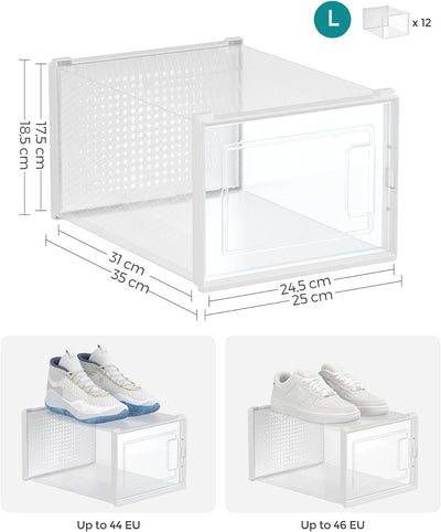 SONGMICS Schuhboxen, 12er Pack Schuhkartons, faltbar und stapelbar, bis Grösse 46, transparent-weiss