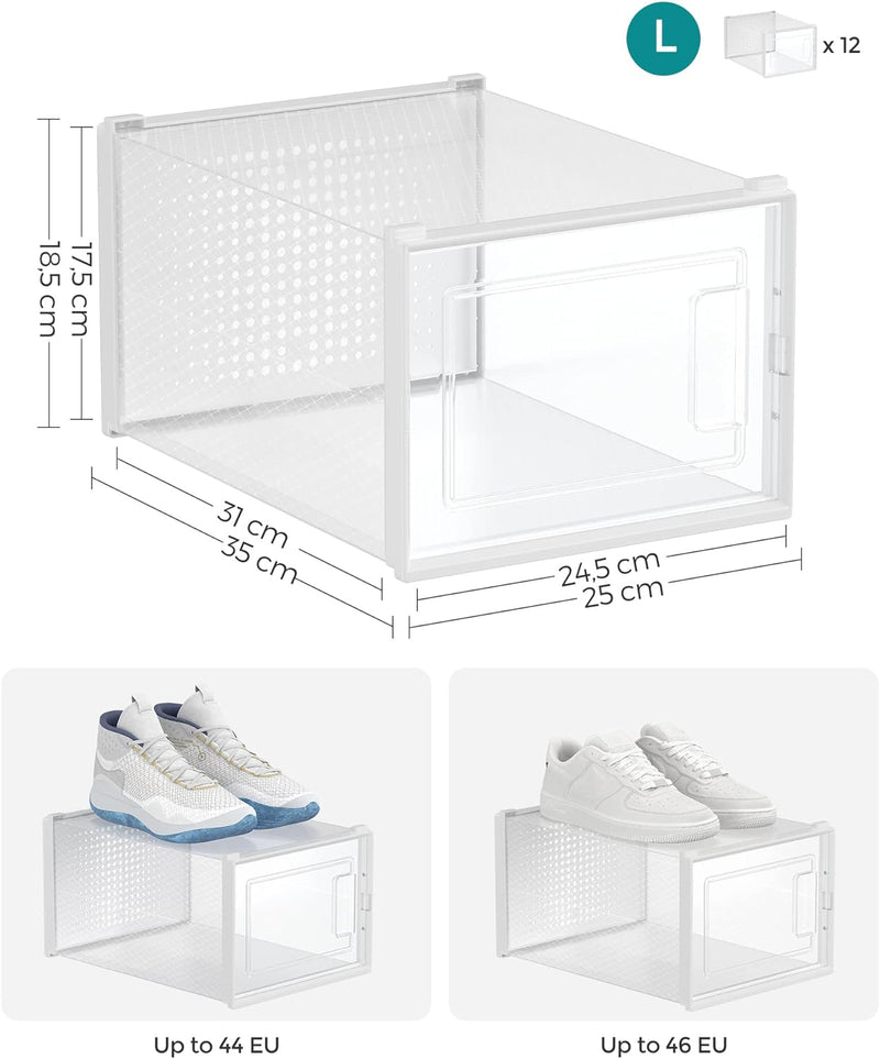 SONGMICS Schuhboxen, 12er Pack Schuhkartons, faltbar und stapelbar, bis Grösse 46, transparent-weiss