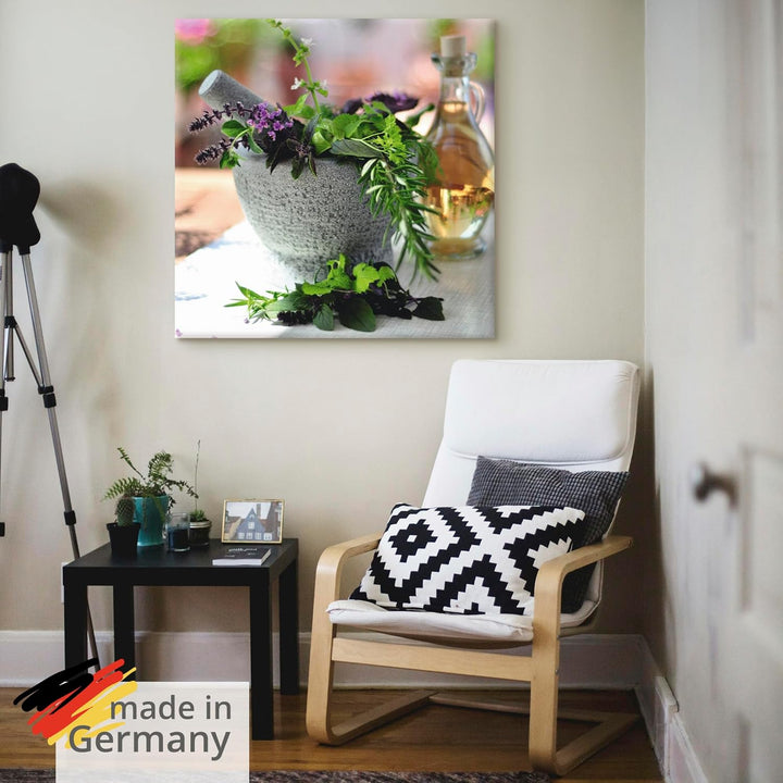 ARTland Leinwandbilder Wandbild Bild auf Leinwand 50x50 cm Kräuter Gewürze Mörser Lebensmittel Medit