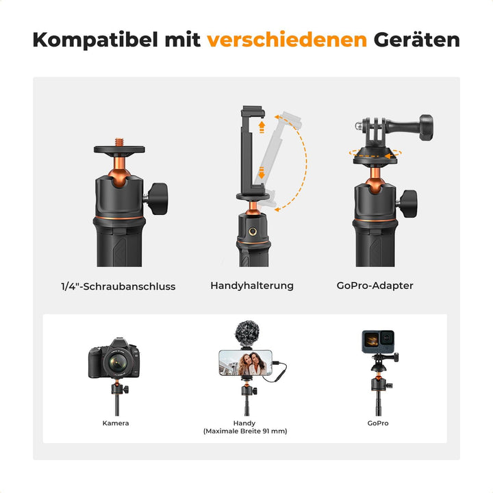 Selfie Stick Tischstativ,K&F CONCEPT MS11 Handystativ, 60CM Selfie Stick mit Fernbedienung, Stativ f