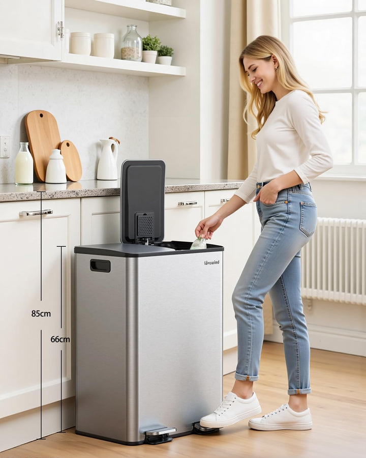 lovewind Mülleimer, 2 x 30L Mülleimer Küche, Doppeleimer für Recycling und Abfall, Silber, Mülleimer