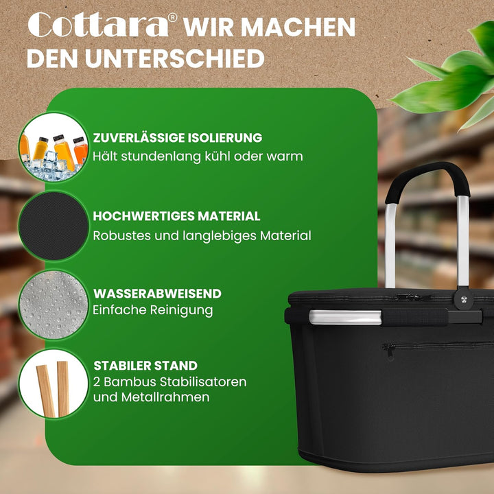 COTTARA Thermo Einkaufskorb mit Deckel – Korb Kühltasche mit Deckel, Silber Schwarz Silber, Schwarz
