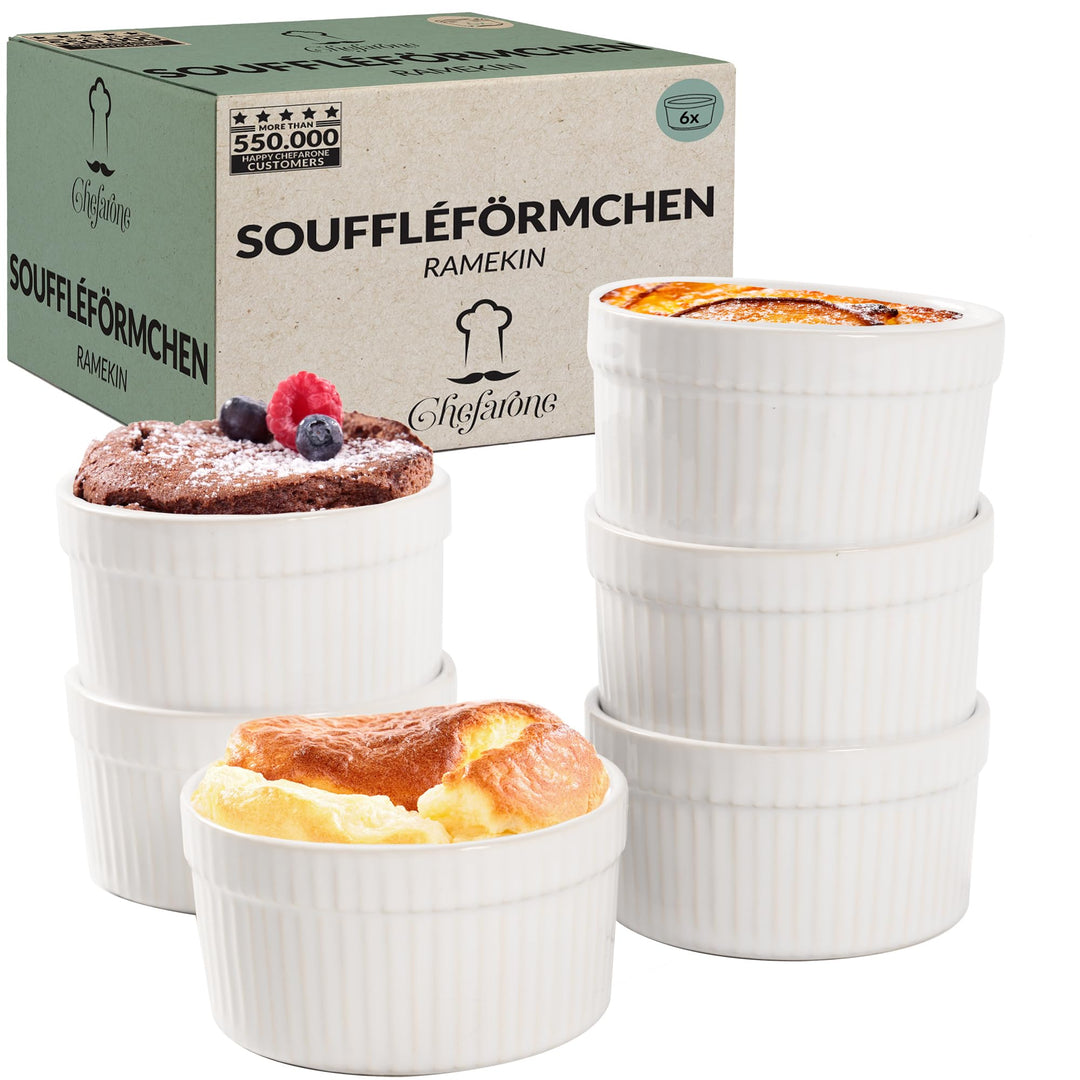 Chefarone® Soufflé Förmchen Backofenfest 6er Set - Creme Brulee Schälchen Keramik zum Backen und Anr