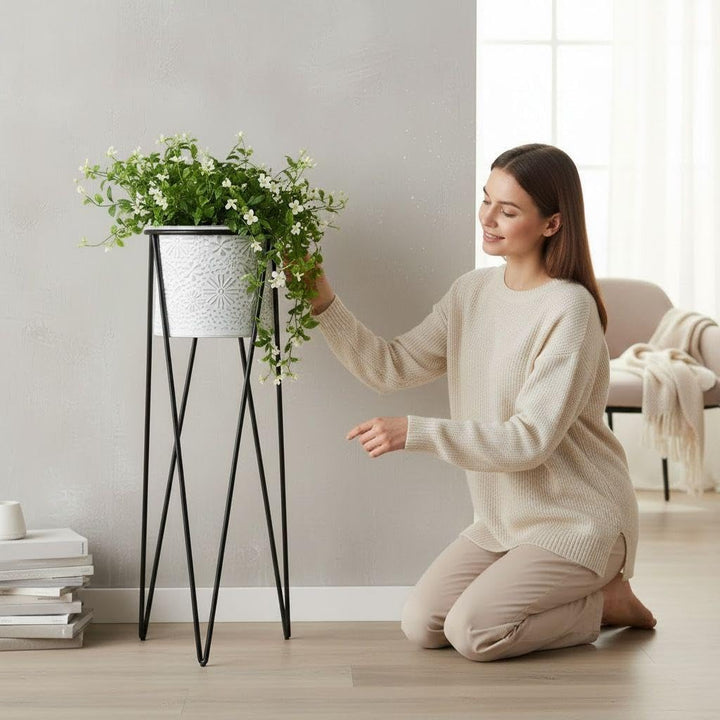 DanDiBo Blumenhocker mit Topf Metall Schwarz Weiss L 75 cm Blumenständer 96043 Blumensäule Modern Pf