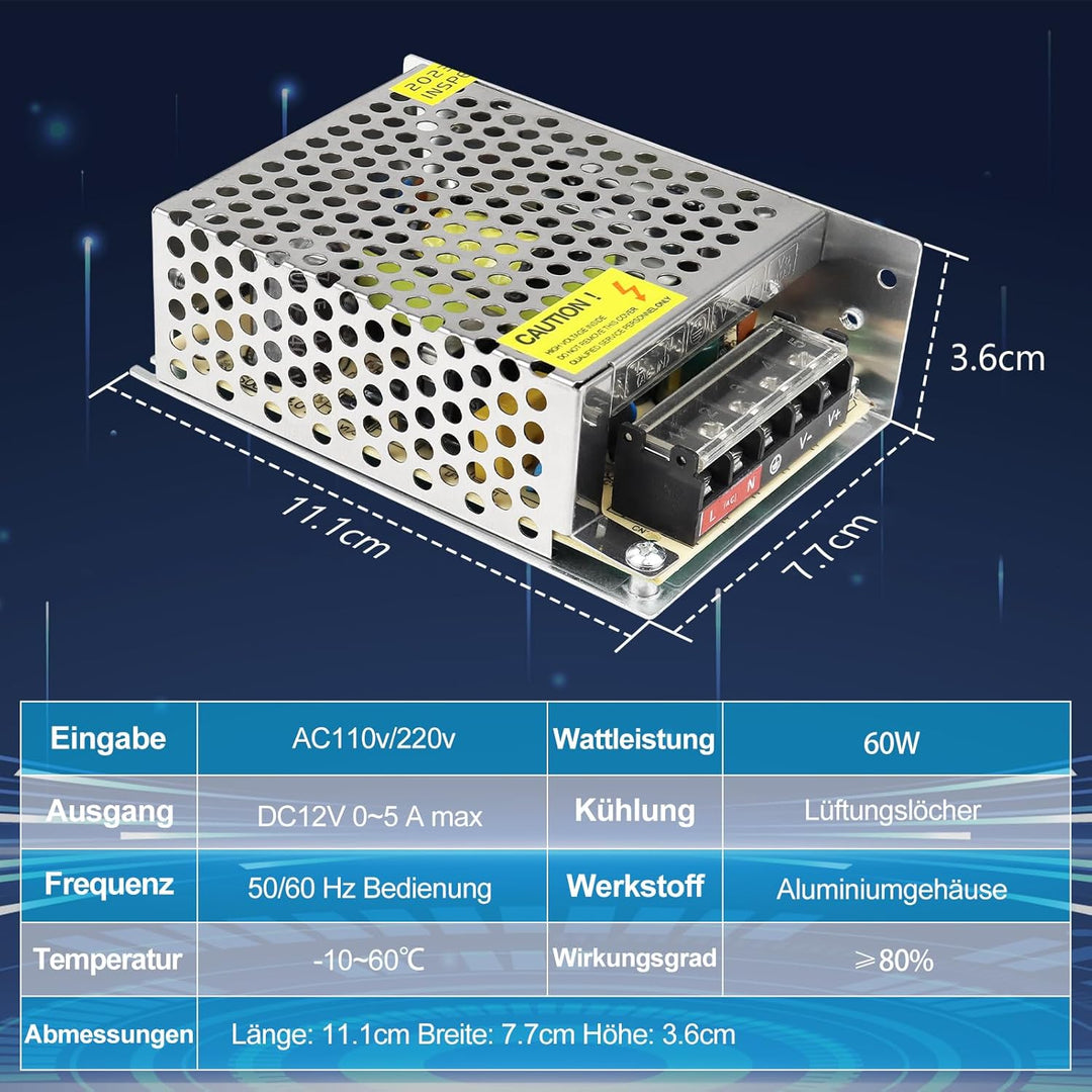 LightingWill Schaltnetzteil 12V 5A 60W Netzteil, LED Trafo Schaltwandler AC 230V auf DC 12 Volt, Ada