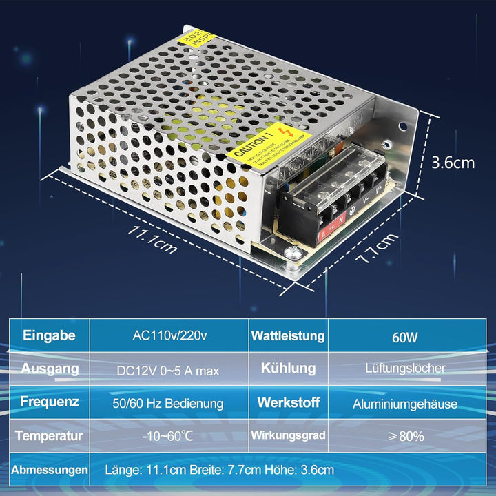 LightingWill Schaltnetzteil 12V 5A 60W Netzteil, LED Trafo Schaltwandler AC 230V auf DC 12 Volt, Ada
