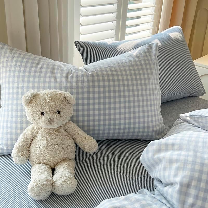 Koudi Kariet Bettwäsche 100x135 Blau Weiss Karomuster Bettbezug Set Mädchen Mikrofaser Wende Bettwäs