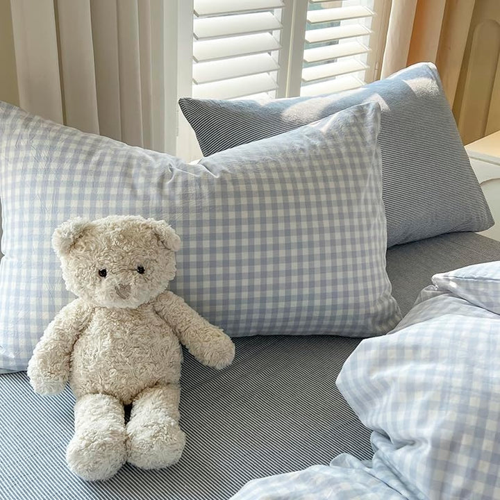 Koudi Kariet Bettwäsche 100x135 Blau Weiss Karomuster Bettbezug Set Mädchen Mikrofaser Wende Bettwäs