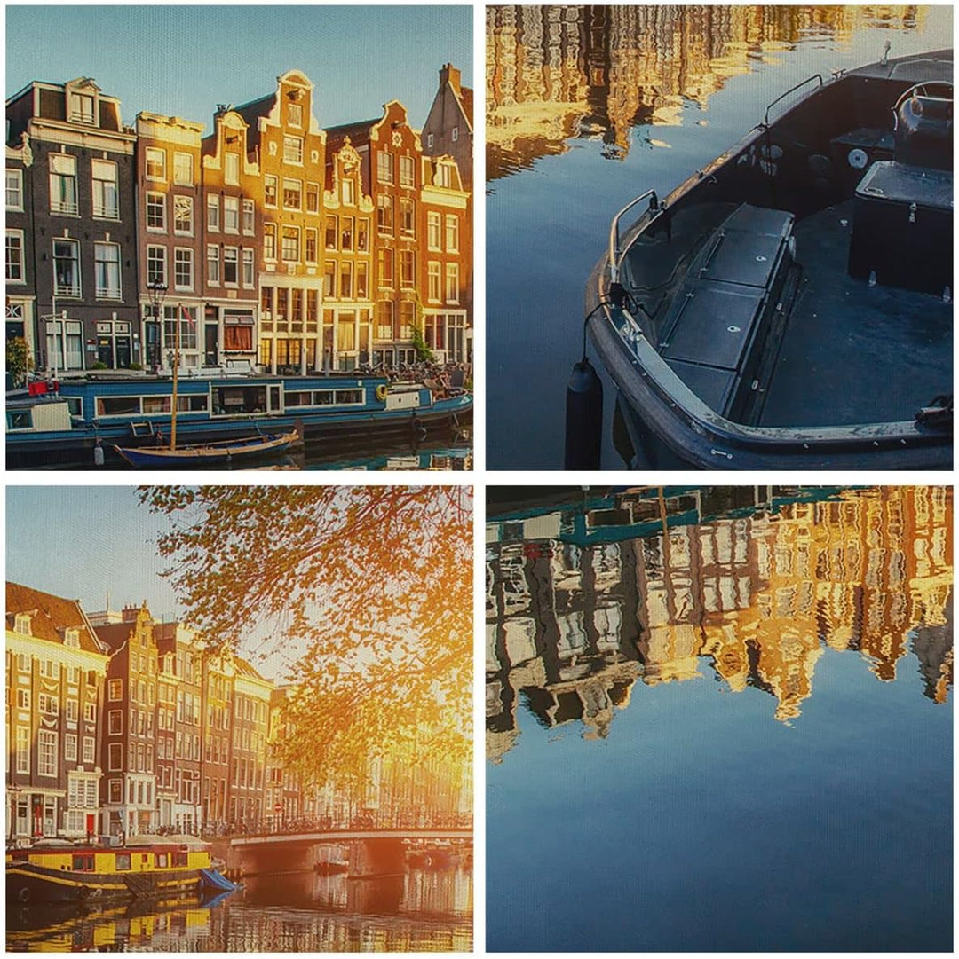 Wandbilder Dekoration Wohnzimmer Kanal Boot Amsterdam Wasser Panorama Bilder auf Leinwand 120x50cm L