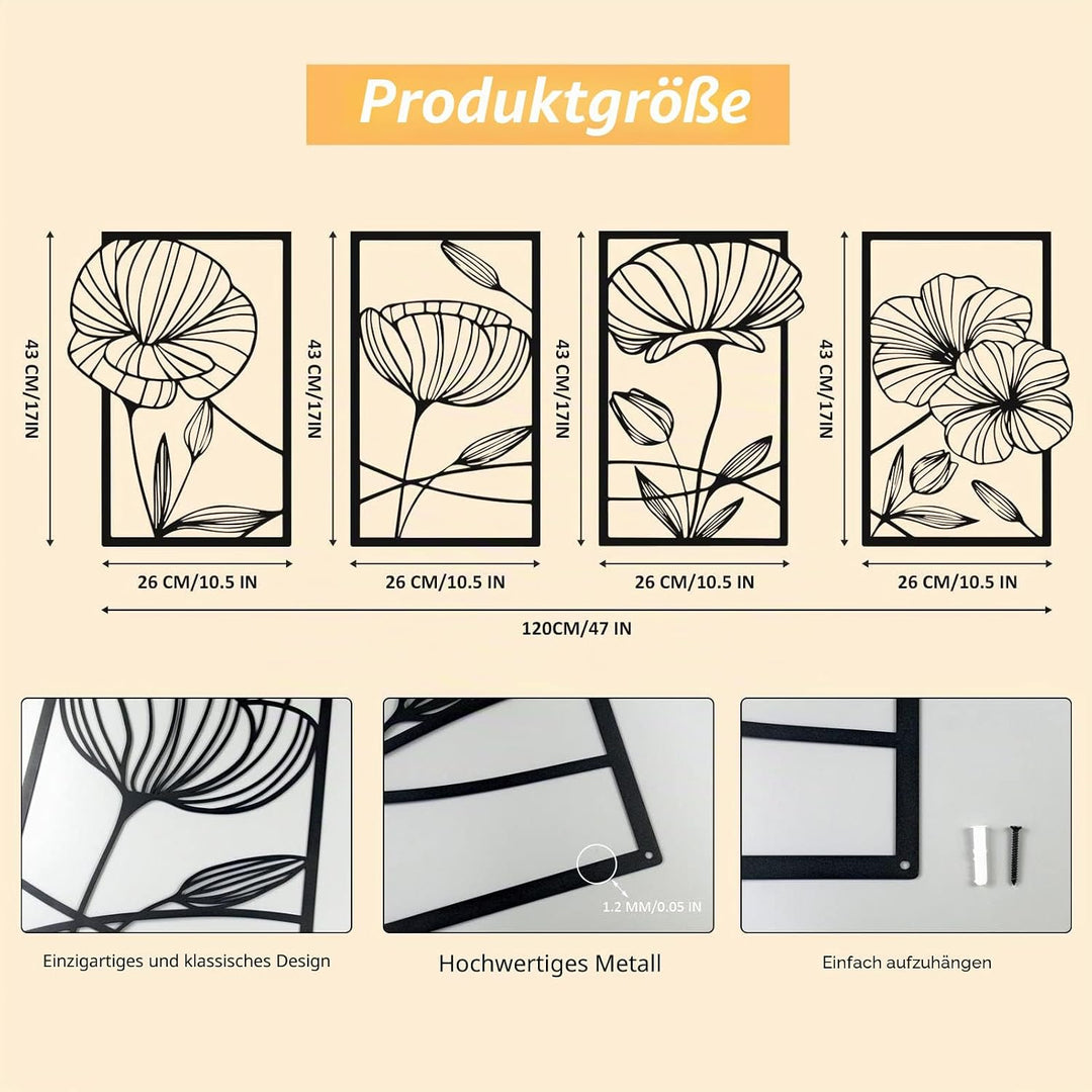 ESTART Dekor 4 Stück Metall Lotusblume Wanddekoration, Abstrakte Blumen Ästhetische Kunst, Minimalis