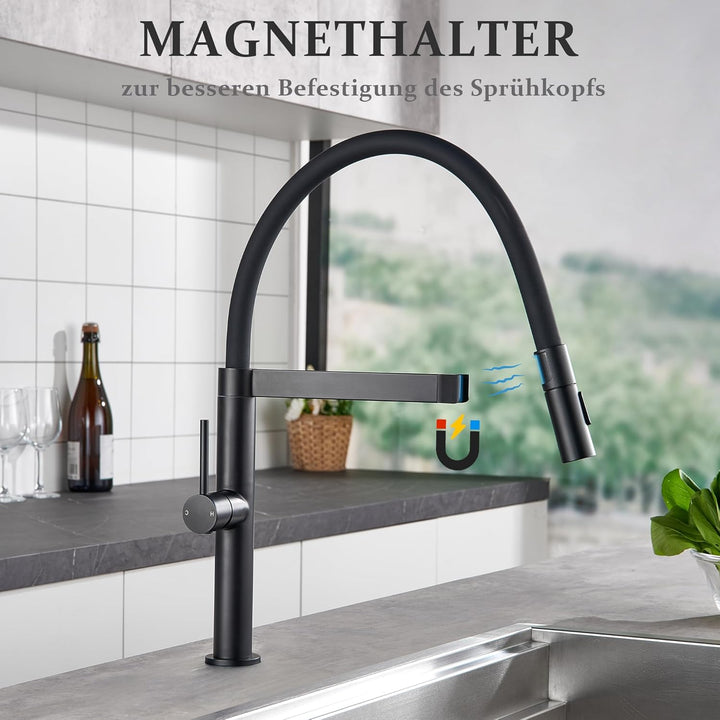 Tohlar Niederdruck Armatur Küche Schwarz, Niederdruck Wasserhahn Küche mit Ausziehbare Brause 360° S