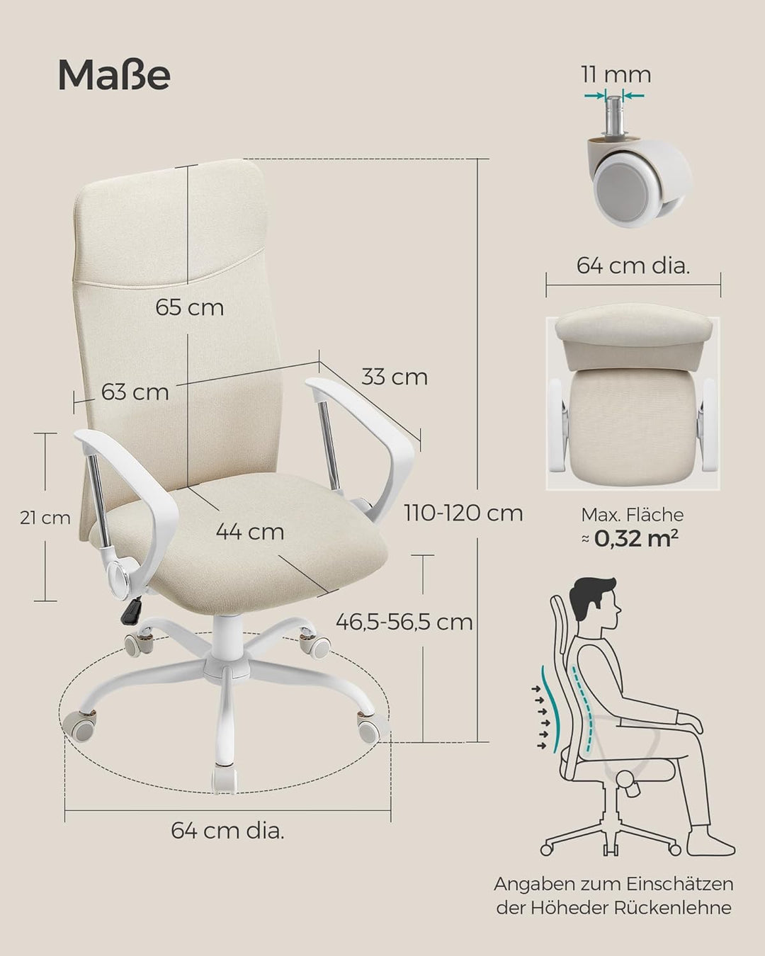 SONGMICS Bürostuhl, ergonomischer Schreibtischstuhl, Drehstuhl, gepolsterter Sitz, höhenverstellbar
