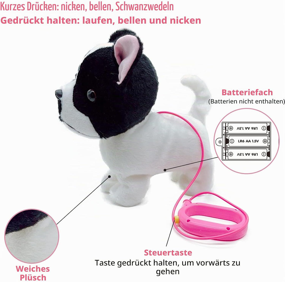 YH YUHUNG Französische Bulldogge Spielzeug mit Leine, Frenchie Welpe Schwarz-Weiss, Laufender Hund B