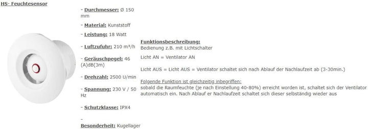 VONLIS Badlüfter Ventilator Wand Decke Niederspannung rund Ø 150 mm Feuchtesensor + Rückstaukl., Ø 1