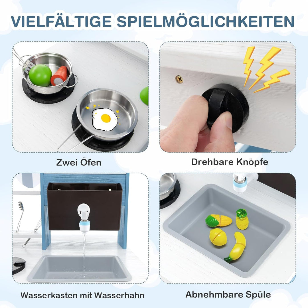 COSTWAY Matschküche Kinder Outdoor, Kinderküche Tannenholz mit Wasserfunktion, Doppelseitige Spielkü