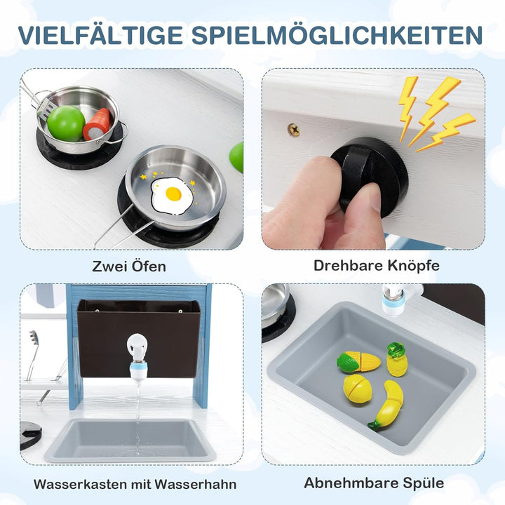 COSTWAY Matschküche Kinder Outdoor, Kinderküche Tannenholz mit Wasserfunktion, Doppelseitige Spielkü