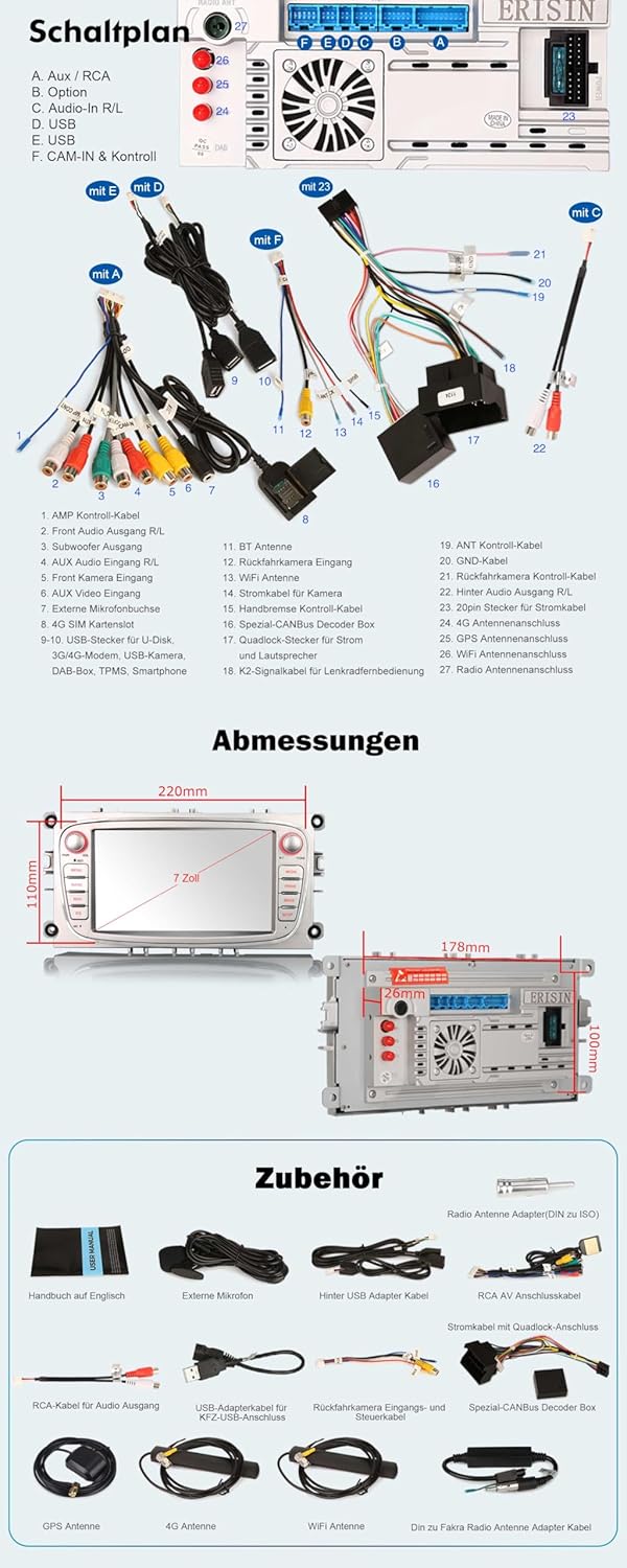 Erisin 4GB+64GB Android 14 Autoradio mit GPS Navigation für Ford Focus Mondeo S-Max C-Max Galaxy Blu