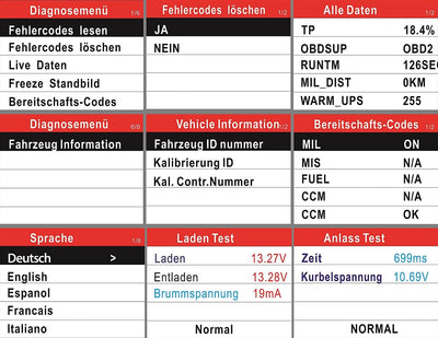 Lescars Kfz Diagnosegerät: OBD2-Diagnosegerät OD-450 mit 6,1-cm-Farbdisplay (2,4"), bis 300 Codes (O