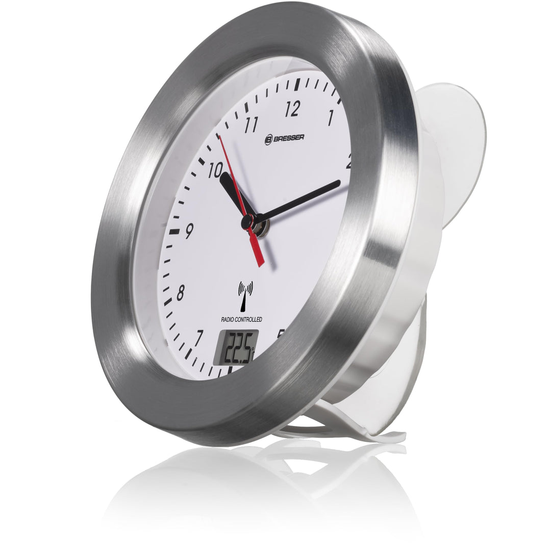 Bresser 8020114 Bad Wanduhr MyTime Bath mit Temperaturanzeige und Funkuhr mit gebürstetem Aluminiumr