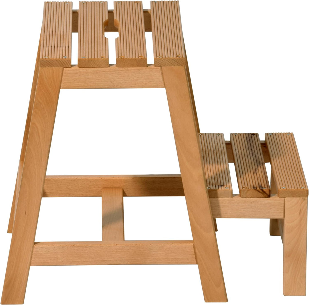 dobar® green label 29730FSC Multifunktionshocker Massivholz | Tritthocker zweistufig | Leiterhocker