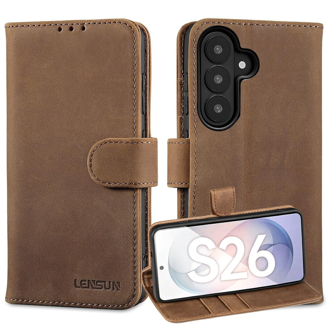 LENSUN Echtleder Handyhülle für Samsung Galaxy S26, Flip Hülle [Brieftasche][RFID Schutz][3 Kartenfa