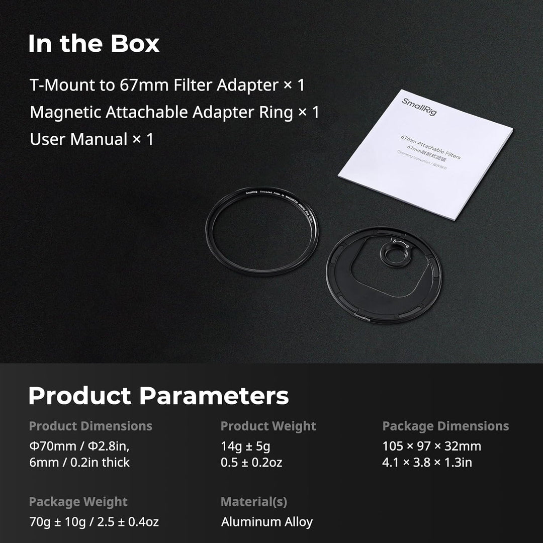 SMALLRIG Magnetischer T-Mount auf 67 mm Ansteckbarer Filteradapter, Verwendung mit SMALLRIG T-Mount
