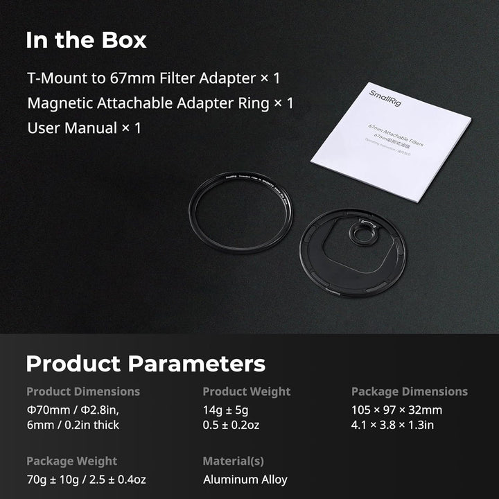 SMALLRIG Magnetischer T-Mount auf 67 mm Ansteckbarer Filteradapter, Verwendung mit SMALLRIG T-Mount