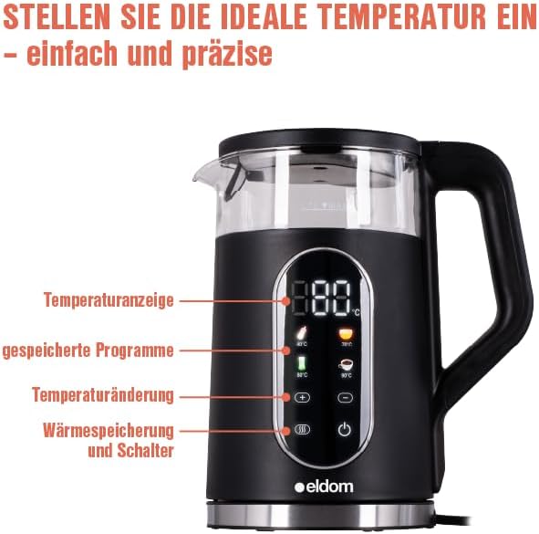Wasserkocher 1,7L mit Temperaturregelung &amp; Warmhaltefunktion, 2200W, LED Display, 13 Temperaturstufe