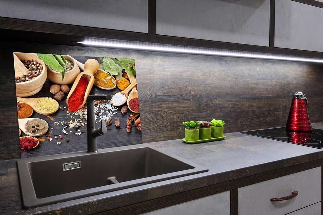 SmartDecoration Herdabdeckplatte Ceranfeldabdeckung aus Glas 60x52 cm Einteilig Motiv "Gewürze" Grau