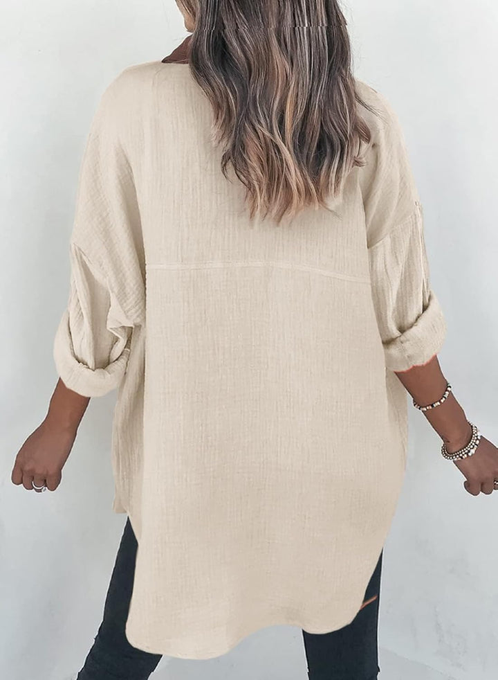 Dokotoo Bluse Damen Musselin Langarmshirt Baumwolle Lässig Oberteile Hemd Langarm Einfarbig Tops Far