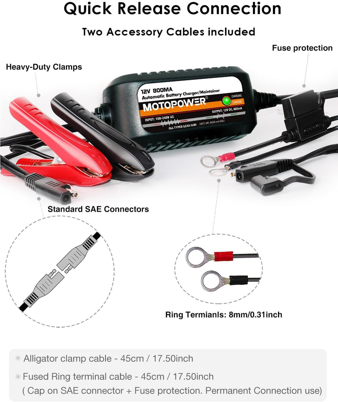 MOTOPOWER MP00205C 12V 800mA Automatisches Ladegerät/Maintainer für Autos, Motorräder, ATVs, Wohnmob