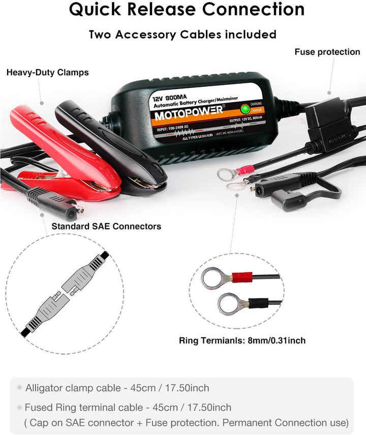 MOTOPOWER MP00205C 12V 800mA Automatisches Ladegerät/Maintainer für Autos, Motorräder, ATVs, Wohnmob