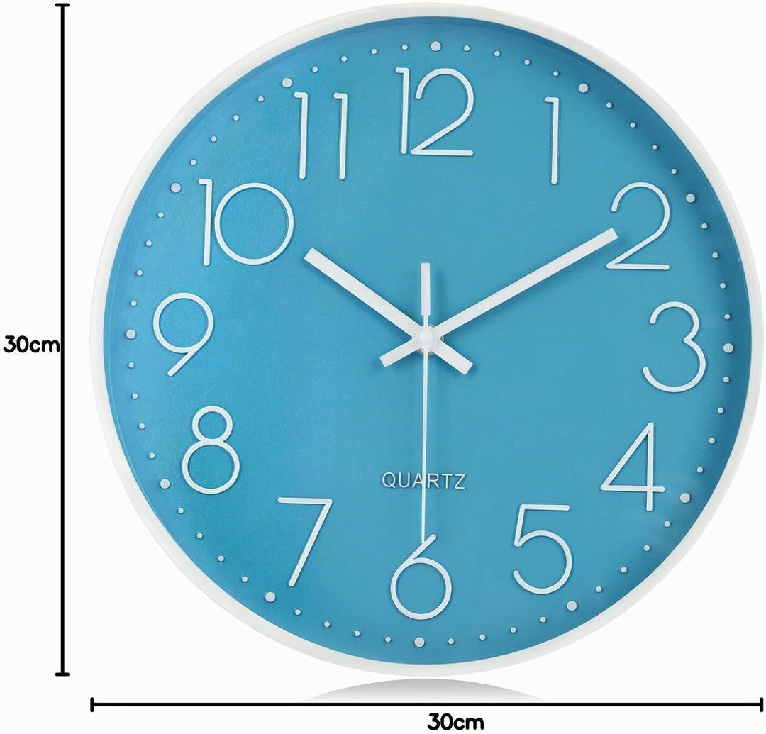 Lafocuse Blau Modern Wanduhr Lautlos 30cm, 3D Ziffern Ohne Tickgeräusche, Quartz Wanduhr Analog Leic